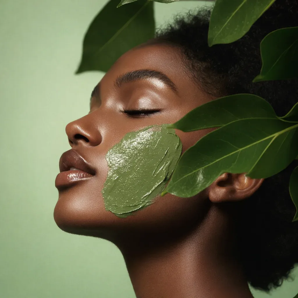 Woman wearing a botanical face mask